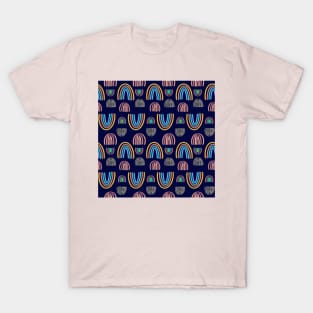 Pastel Neon Rainbows on an Elegant Deep Navy Blue Background T-Shirt